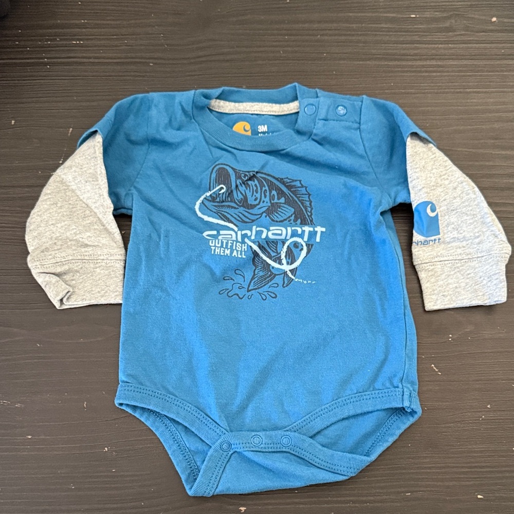 Carhartt Blue and Gray Long Sleeve Baby Bodysuit
